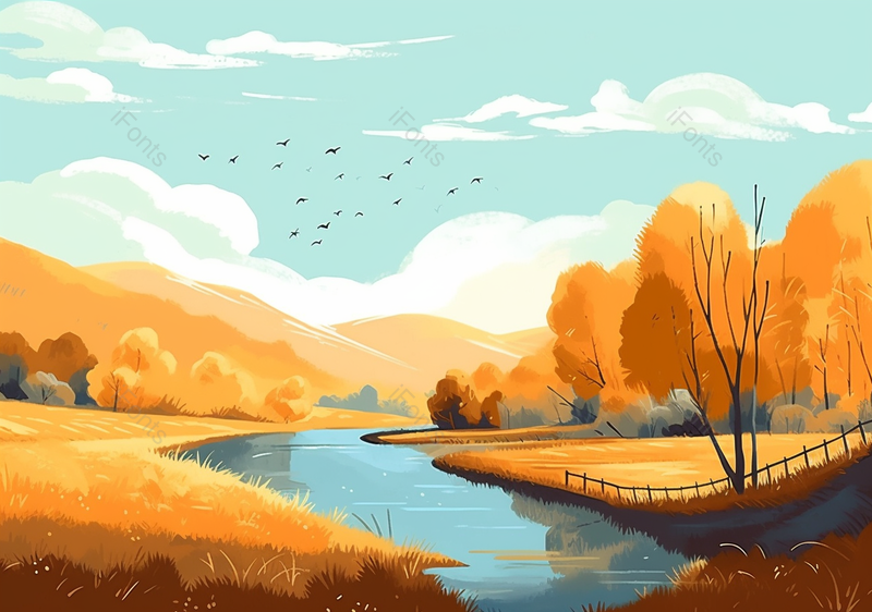 大雁纷飞篱笆河流节气秋风插画背景,插画/手绘图,插画/手绘图库,插画/手绘图下载,插画/手绘
